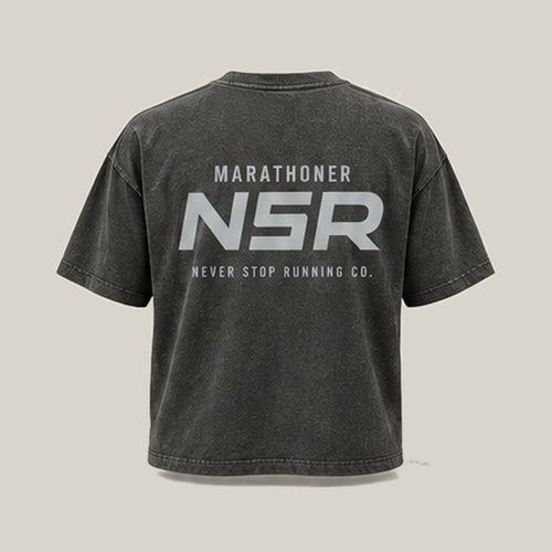 Marathoner NSR-led Tee, back print in silver-grey on Washed Charcoal · grey