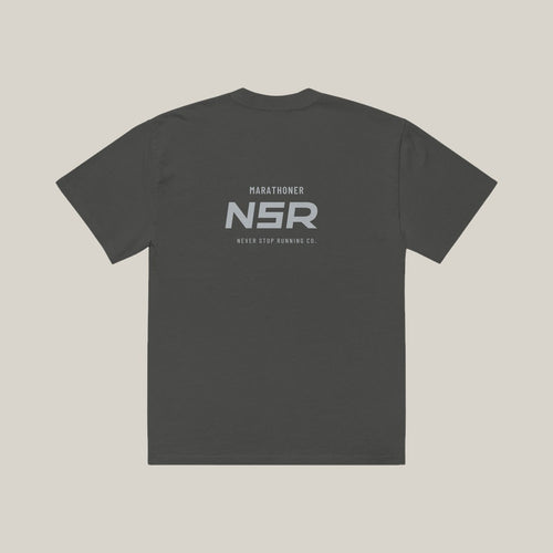Marathoner NSR-led Tee, Washed Charcoal, back print in silver-grey, tile
