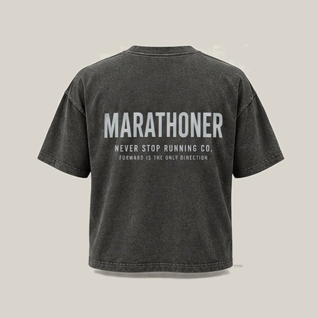 Marathoner Type-led Tee, back print in silver-grey on Washed Charcoal · grey