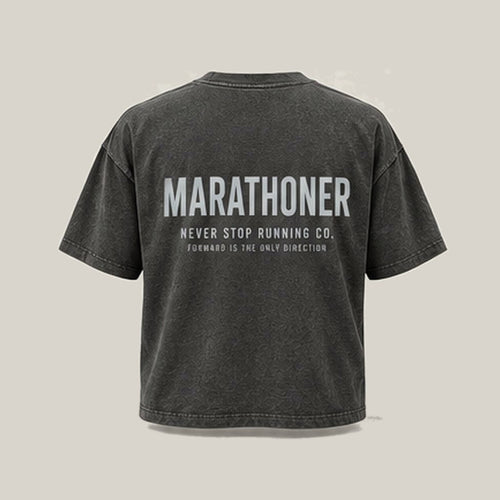 Marathoner Type-led Tee, back print in silver-grey on Washed Charcoal · grey