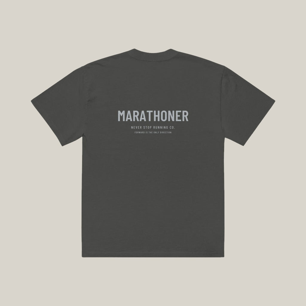 Marathoner Type-led Tee, Washed Charcoal, back print in silver-grey, tile