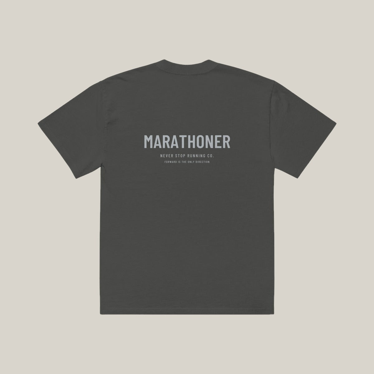 Marathoner Type-led Tee, Washed Charcoal, back print in silver-grey, tile