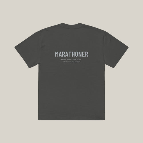 Marathoner Type-led Tee, Washed Charcoal, back print in silver-grey, tile