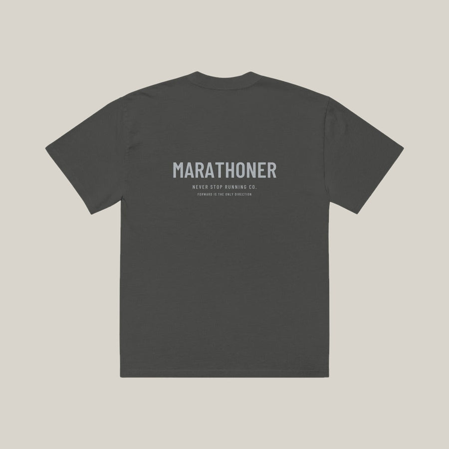 Marathoner Type-led Tee, Washed Charcoal, back print in silver-grey, tile