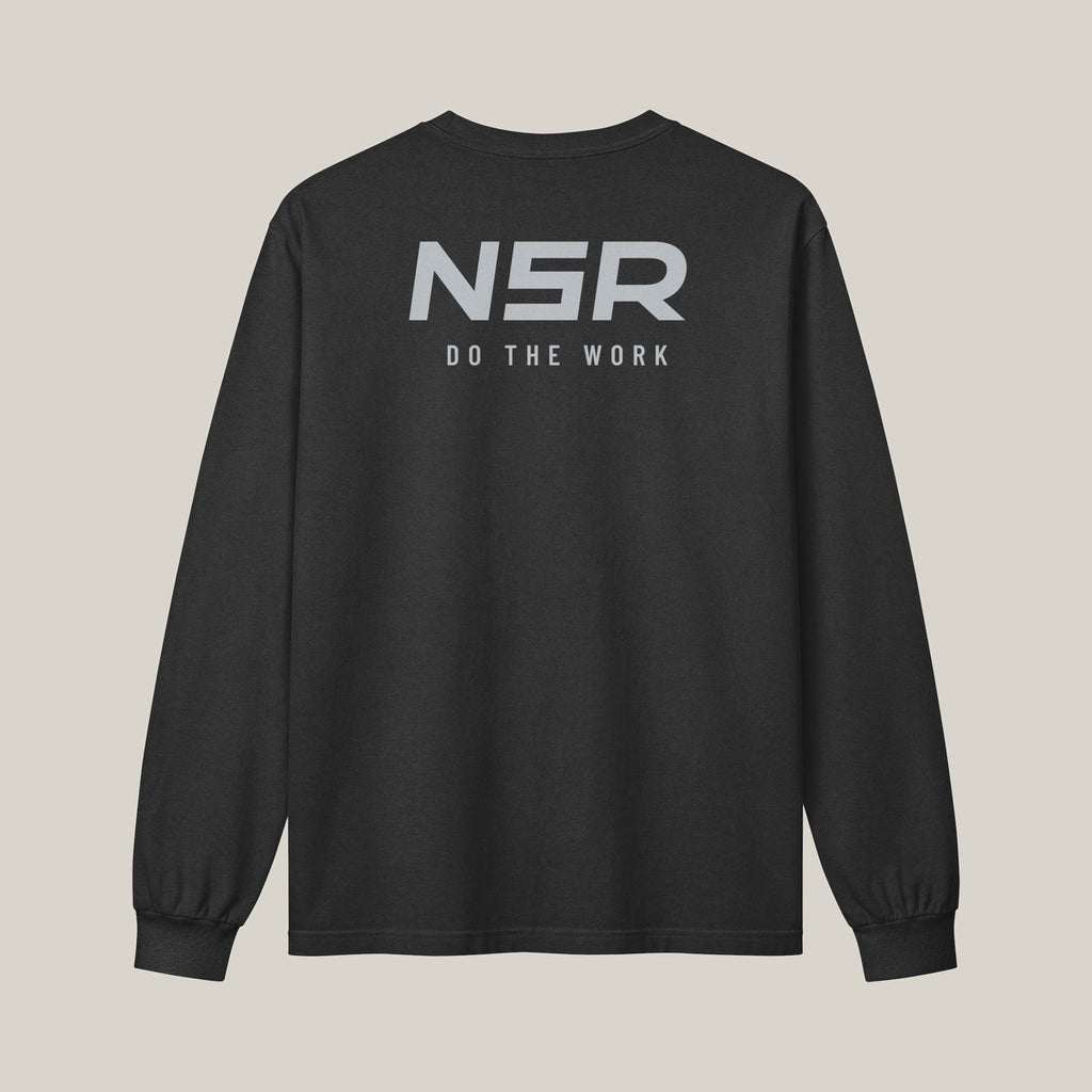 NSR Horizontal Chest Long Sleeve, Washed Charcoal, back print in silver-grey: NSR mark over DO THE WORK · grey