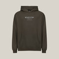 NSR Stacked Chest Hoodie, Vintage Black, front print in silver-grey, tile
