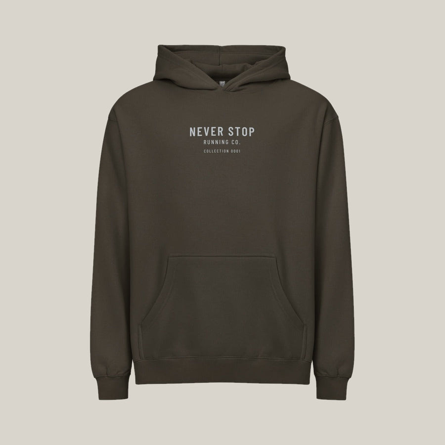 NSR Stacked Chest Hoodie, Vintage Black, front print in silver-grey, tile