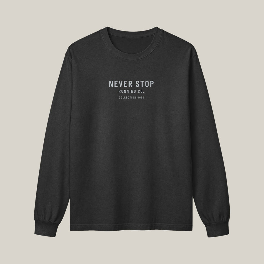 NSR Stacked Chest Long Sleeve, Washed Charcoal, front print in silver-grey, tile