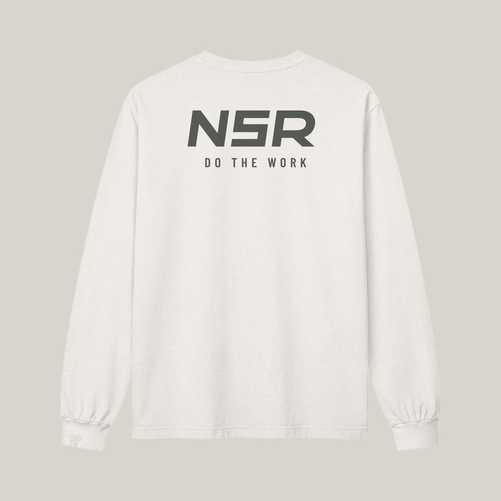 NSR Stacked Chest Long Sleeve, Bone, back print in Charcoal: NSR mark over DO THE WORK · grey