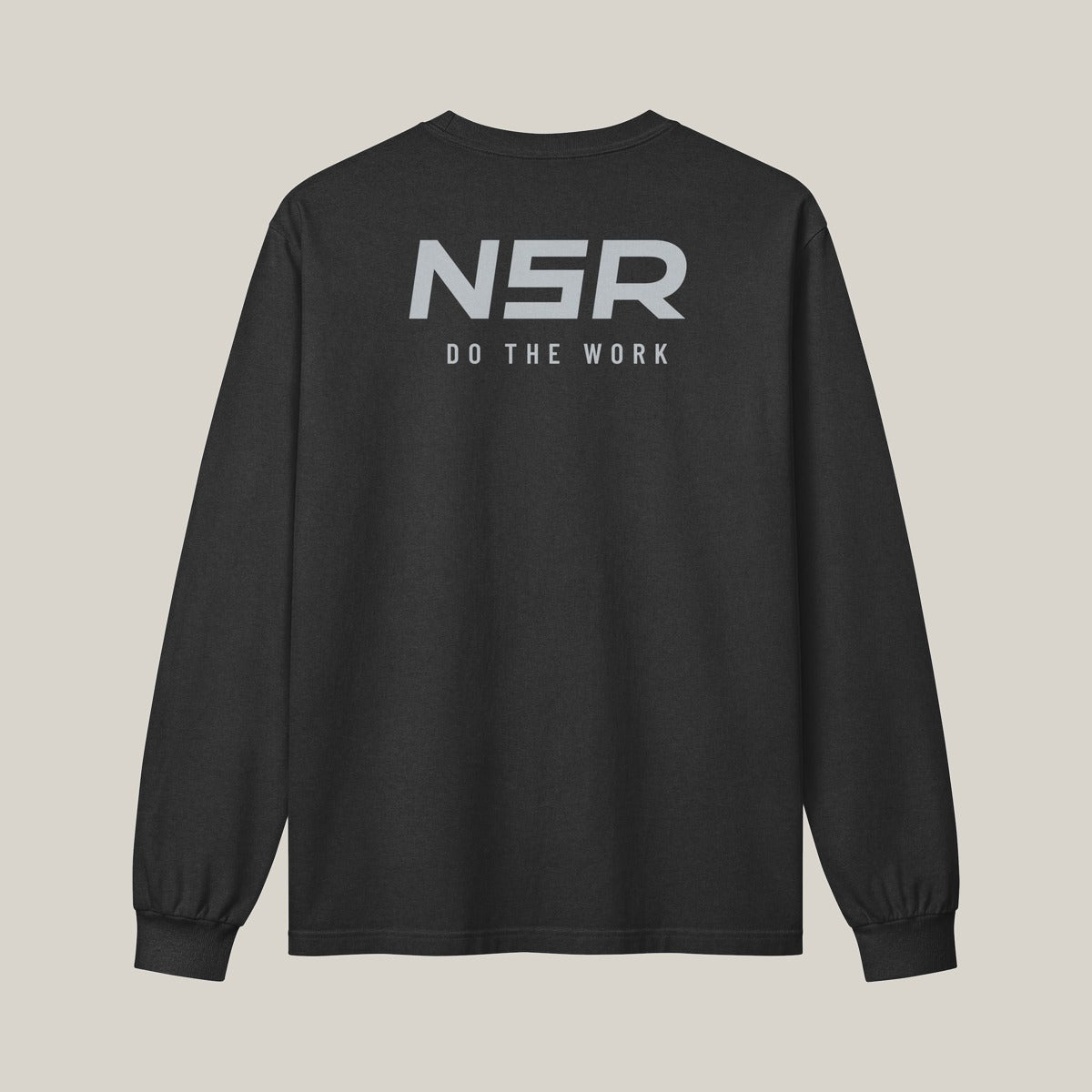 NSR Stacked Chest Long Sleeve, Washed Charcoal, back print in silver-grey: NSR mark over DO THE WORK · grey