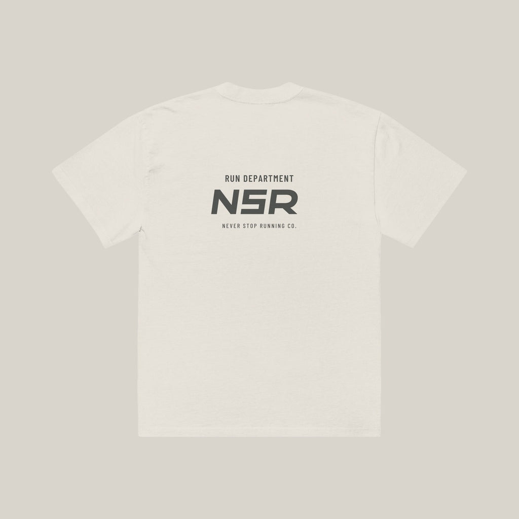 Run Department Casual Tee, back print in Charcoal on Faded Bone · grey