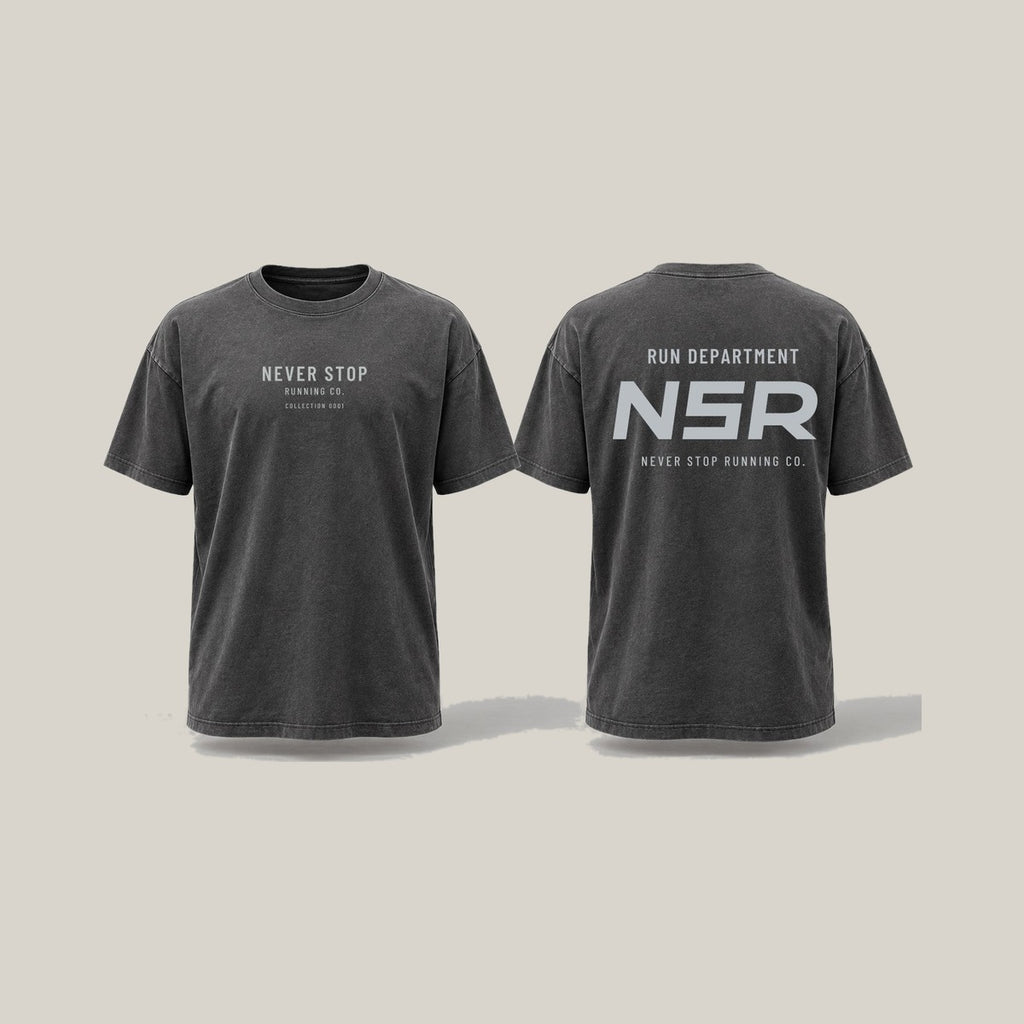 Run Department Casual Tee, front print in silver-grey on Washed Charcoal · grey