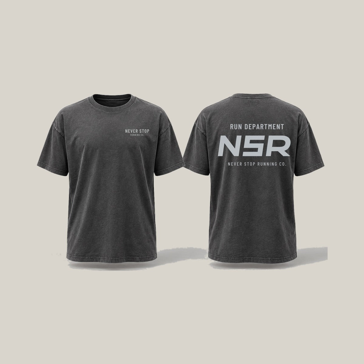Run Department Casual Tee, front print in silver-grey on Washed Charcoal · grey