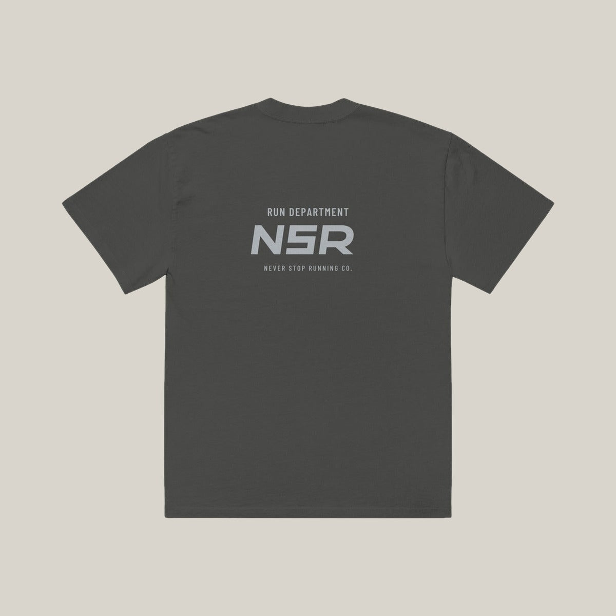 Run Department Casual Tee, Washed Charcoal, back print in silver-grey, tile