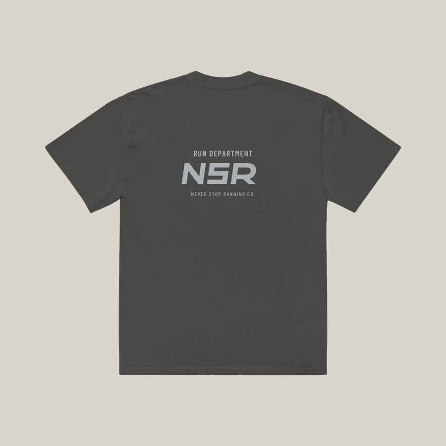 Run Department Casual Tee, Washed Charcoal, back print in silver-grey, tile