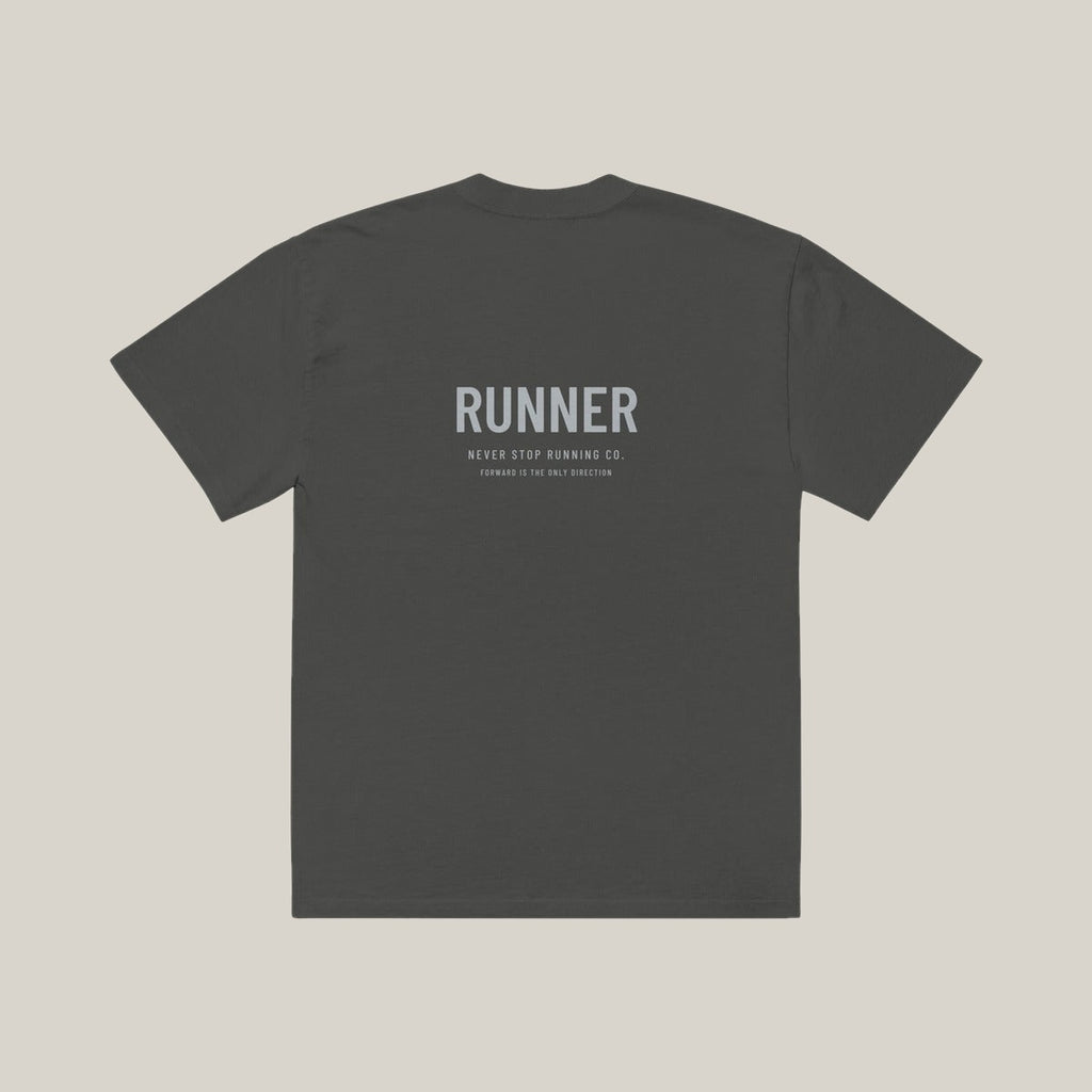 Runner Type-led Tee, Washed Charcoal, back print in silver-grey, tile