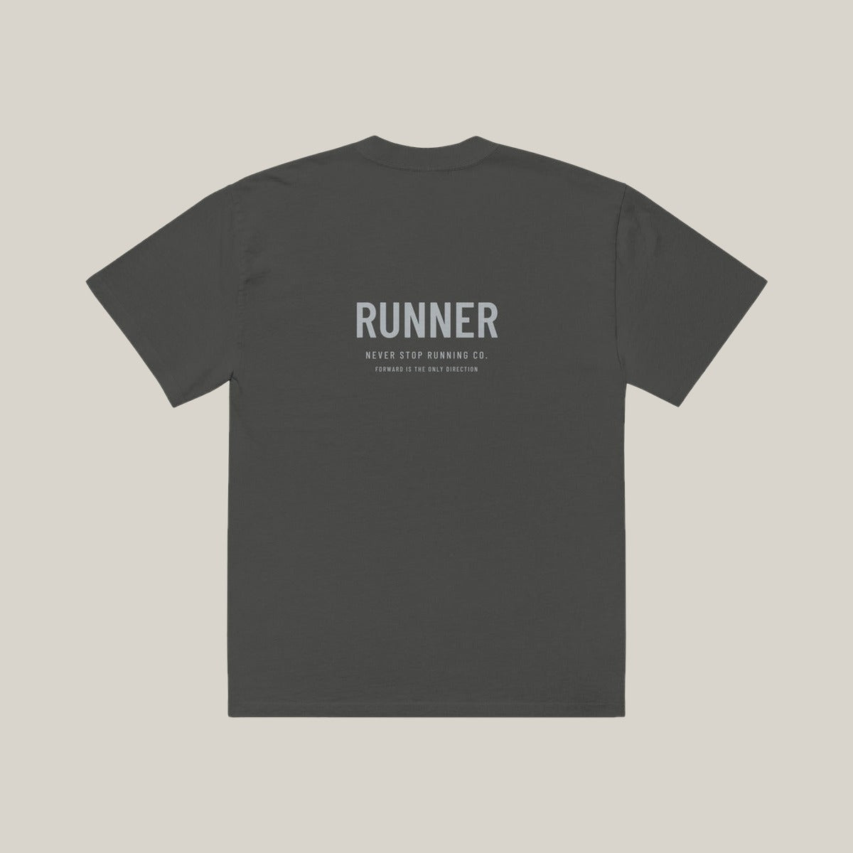 Runner Type-led Tee, Washed Charcoal, back print in silver-grey, tile
