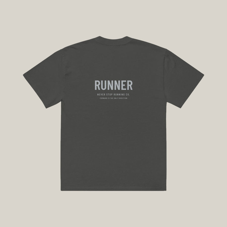 Runner Type-led Tee, Washed Charcoal, back print in silver-grey, tile