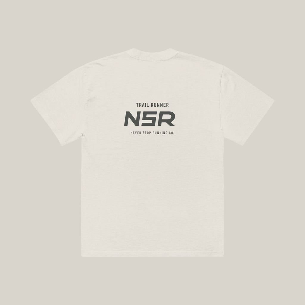 Trail Runner NSR-led Tee, back print in Charcoal on Faded Bone · grey