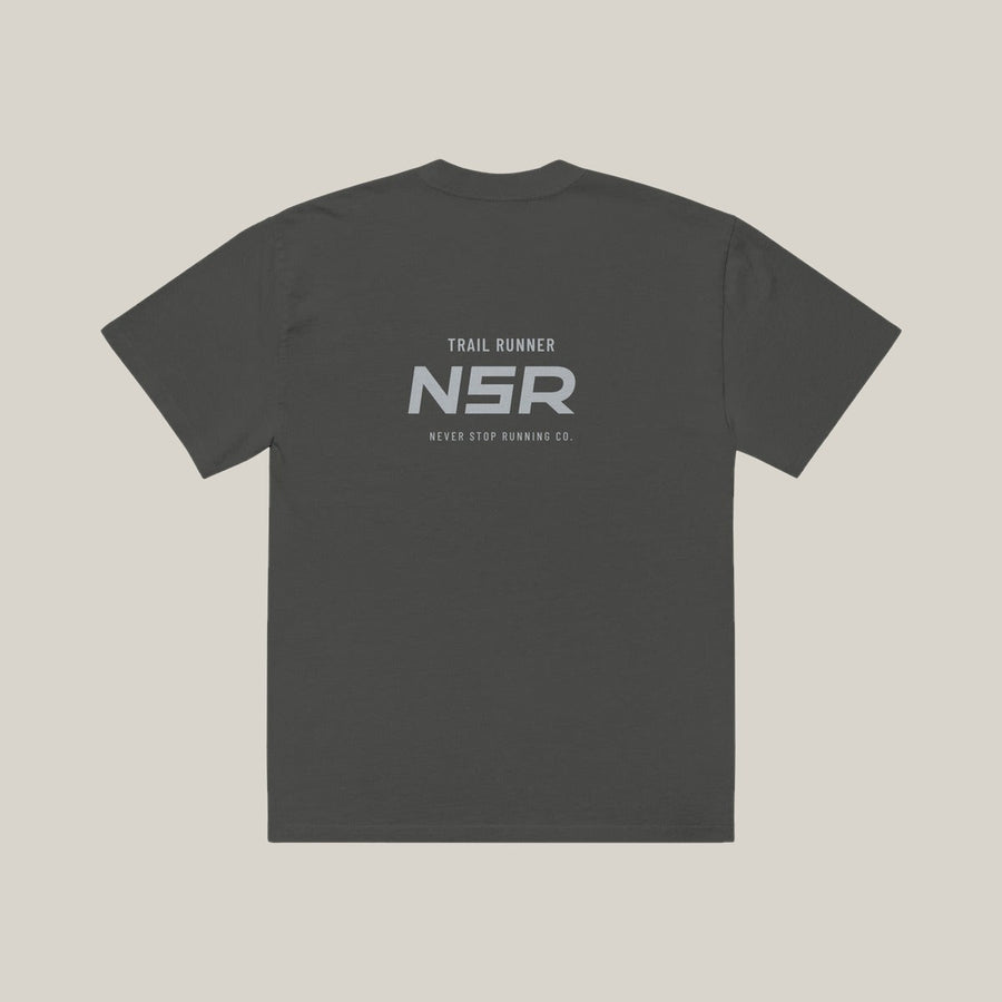 Trail Runner NSR-led Tee, Washed Charcoal, back print in silver-grey, tile