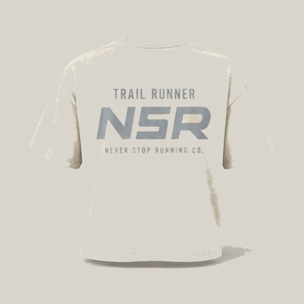 Trail Runner NSR-led Tee, back print in silver-grey on Washed Charcoal · grey
