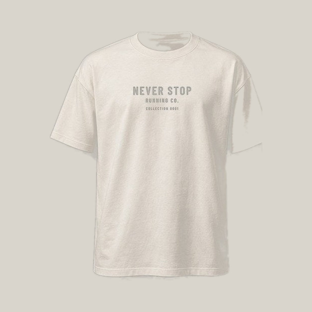 Front reference: Never Stop Running Co. centre-chest lockup on Faded Bone · grey