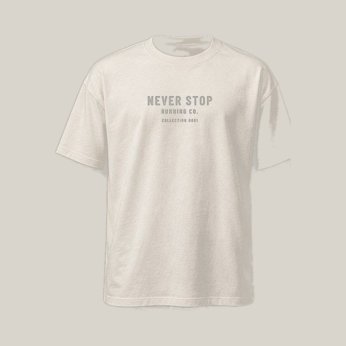 Front reference: Never Stop Running Co. centre-chest lockup on Faded Bone · grey