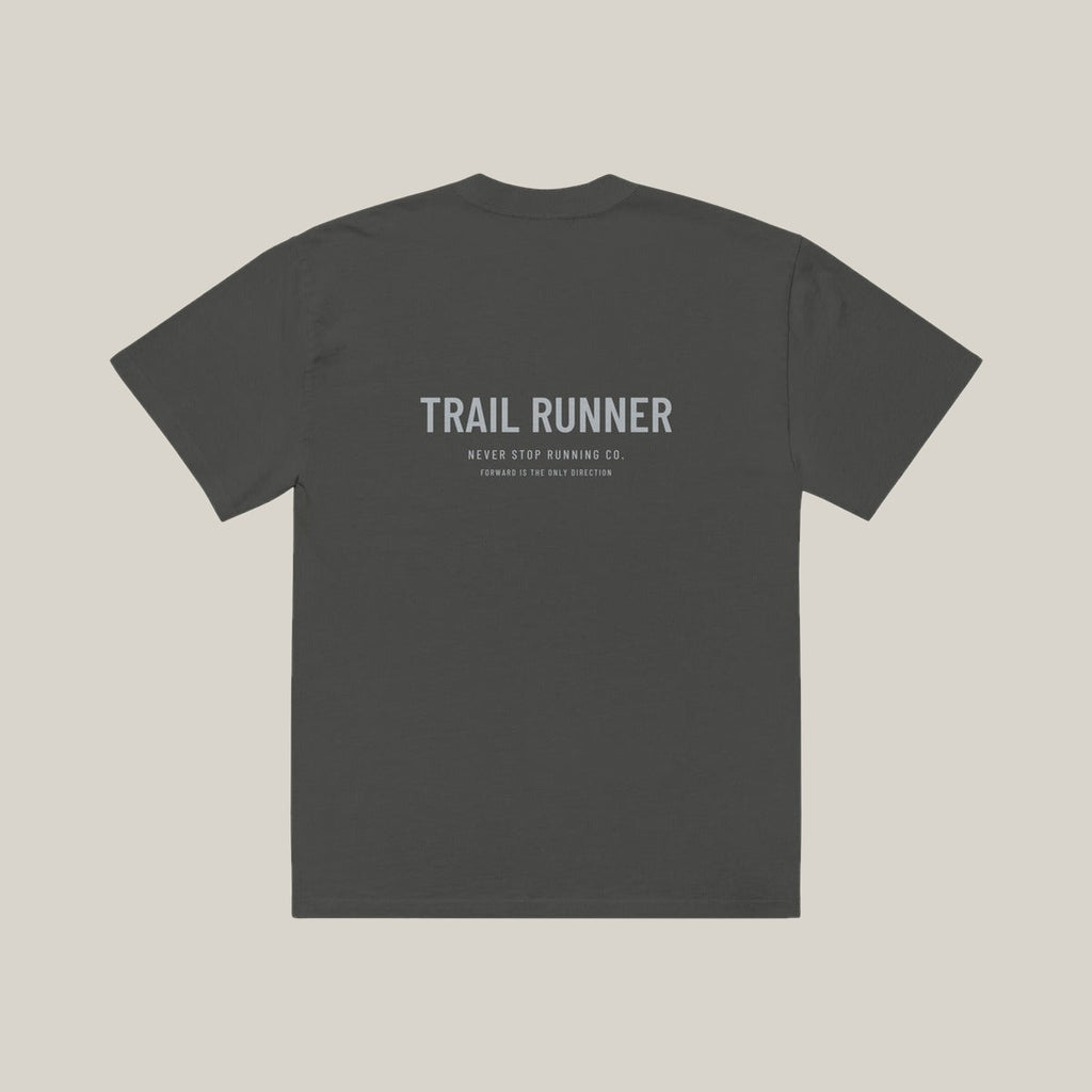 Trail Runner Type-led Tee, Washed Charcoal, back print in silver-grey, tile