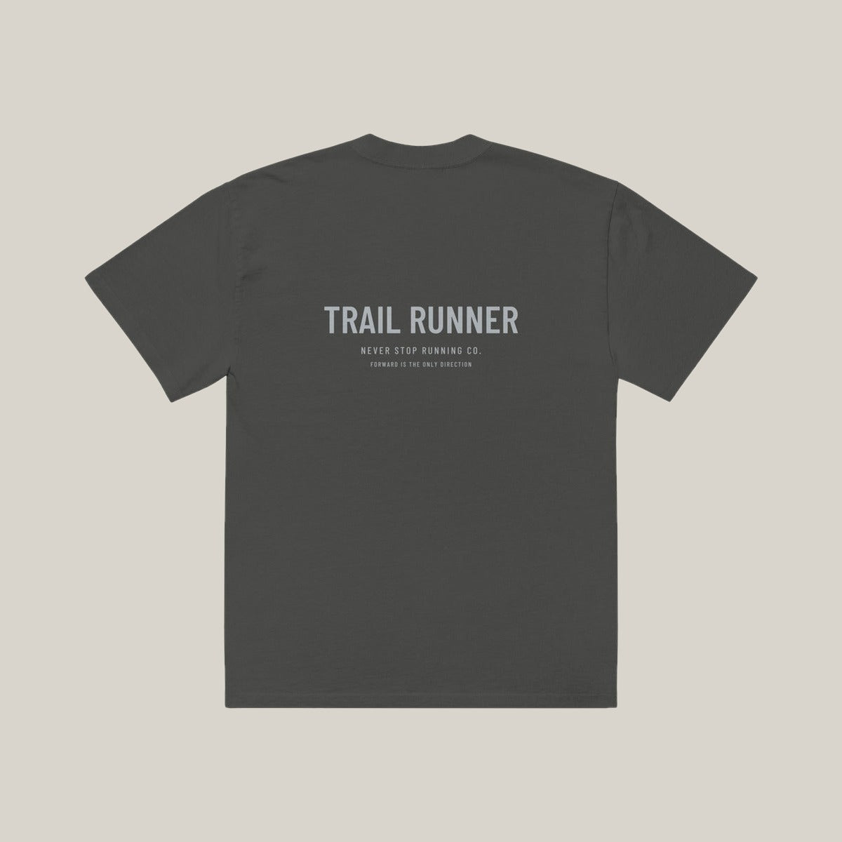 Trail Runner Type-led Tee, Washed Charcoal, back print in silver-grey, tile