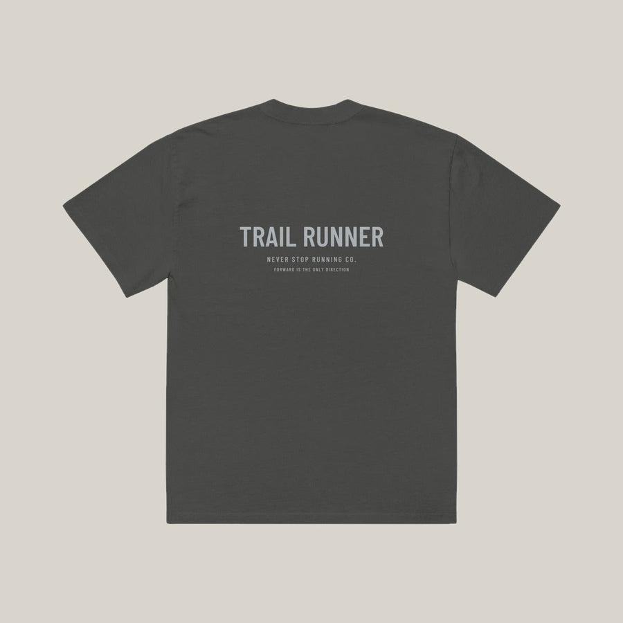 Trail Runner Type-led Tee, Washed Charcoal, back print in silver-grey, tile