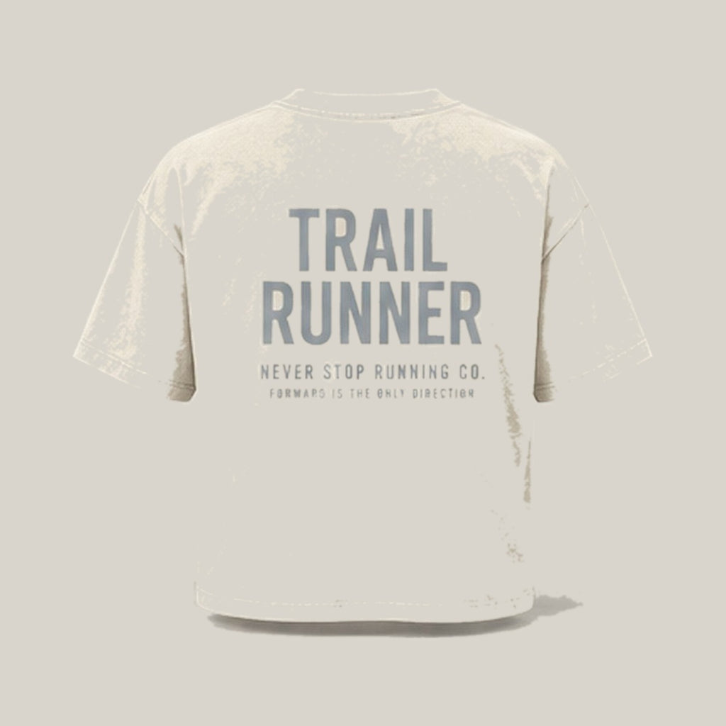 Trail Runner Type-led Tee, back print in silver-grey on Washed Charcoal · grey