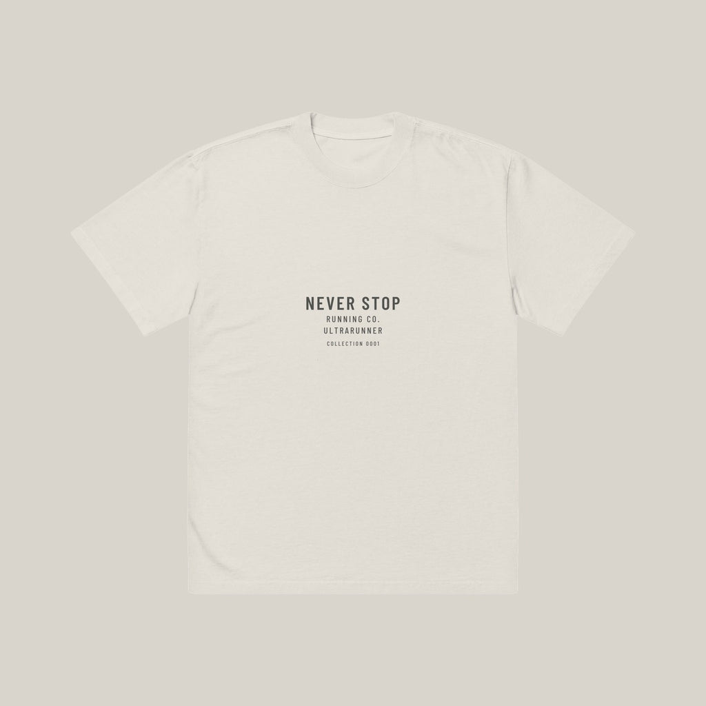 Ultrarunner NSR-led Tee, front print in Charcoal on Faded Bone, alternate placement · grey