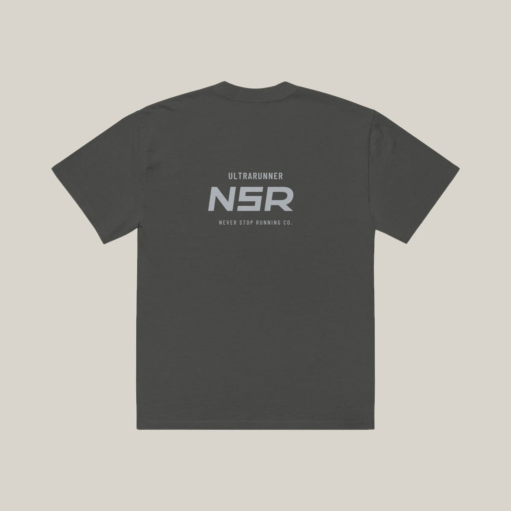 Ultrarunner NSR-led Tee, Washed Charcoal, back print in silver-grey, tile