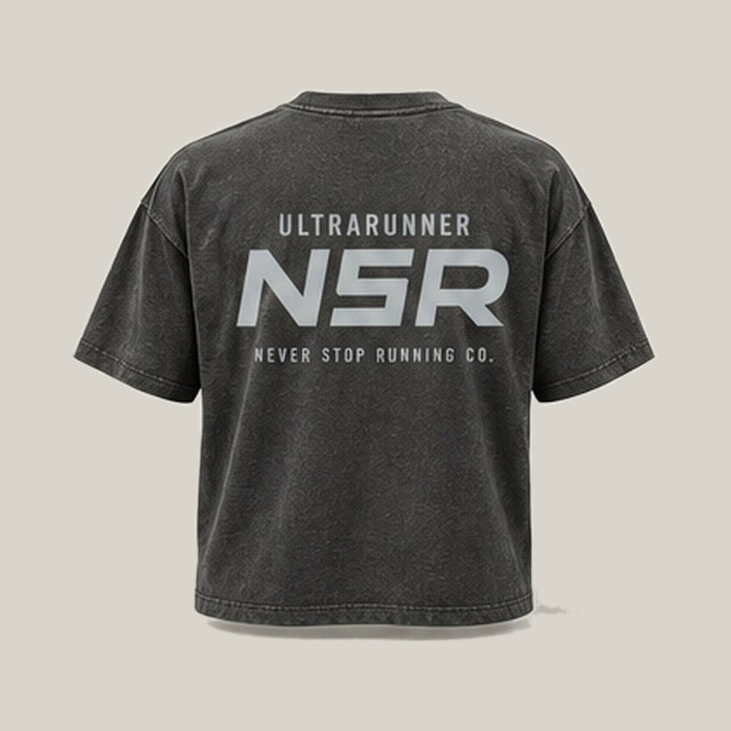 Ultrarunner NSR-led Tee, back print in silver-grey on Washed Charcoal · grey