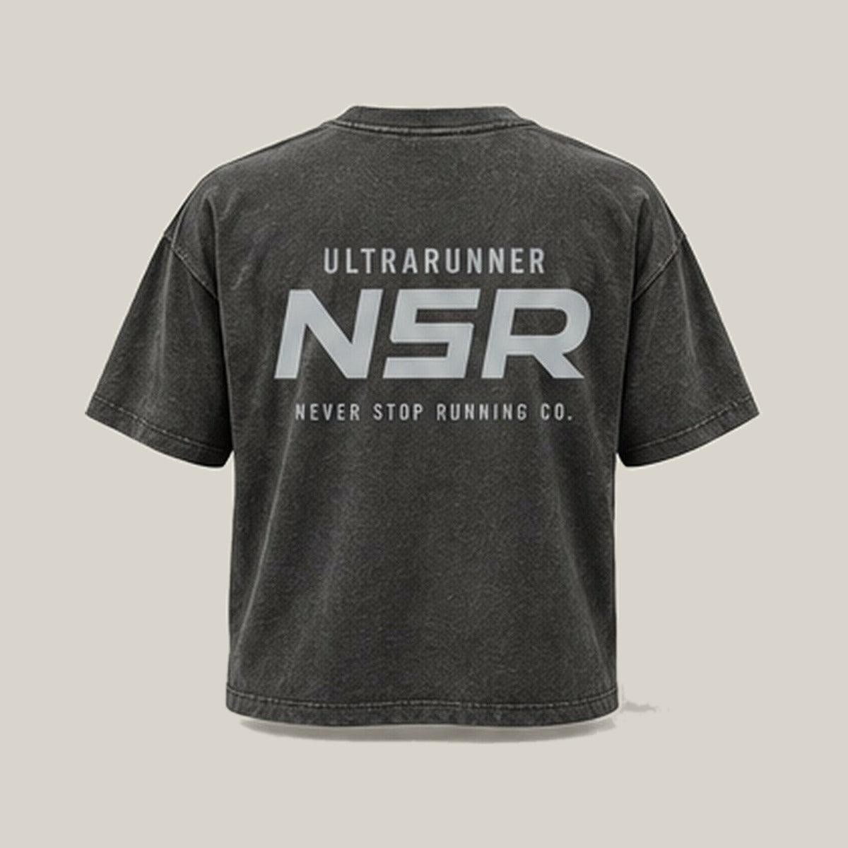 Ultrarunner NSR-led Tee, back print in silver-grey on Washed Charcoal · grey