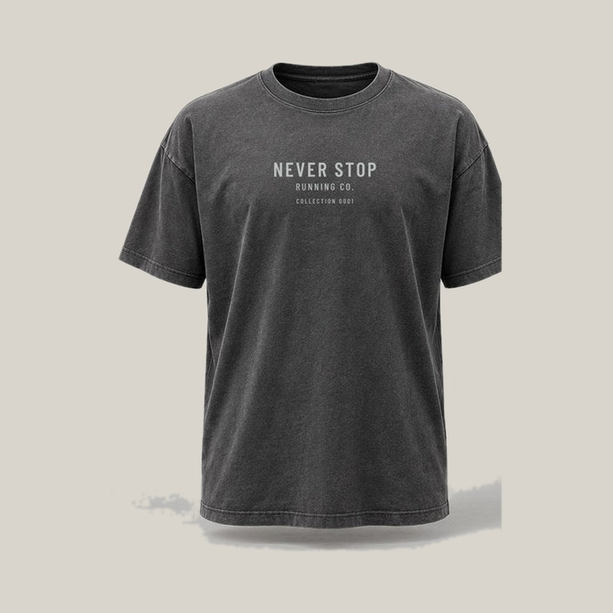 Front reference: Never Stop Running Co. centre-chest lockup on Washed Charcoal · grey