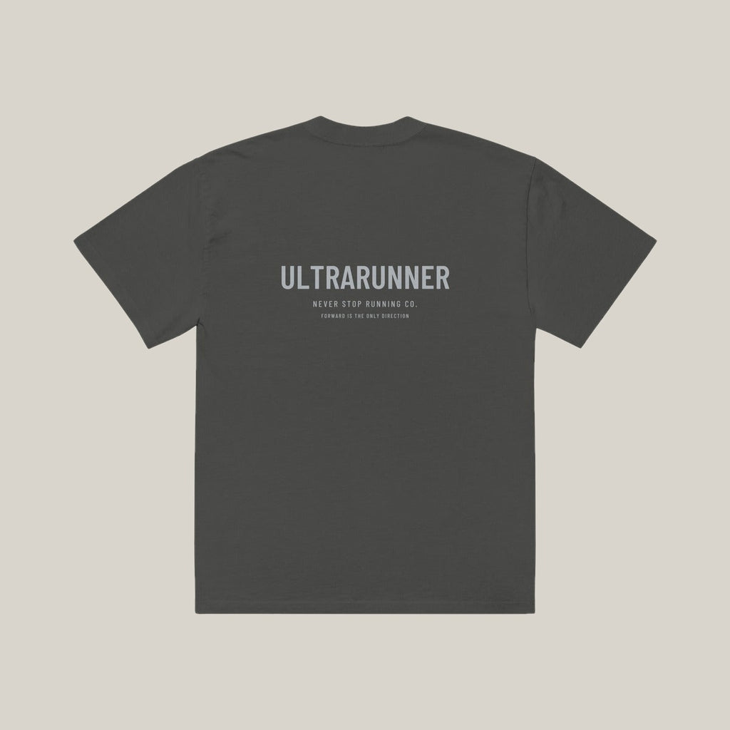 Ultrarunner Type-led Tee, Washed Charcoal, back print in silver-grey, tile