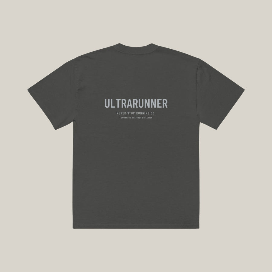 Ultrarunner Type-led Tee, Washed Charcoal, back print in silver-grey, tile