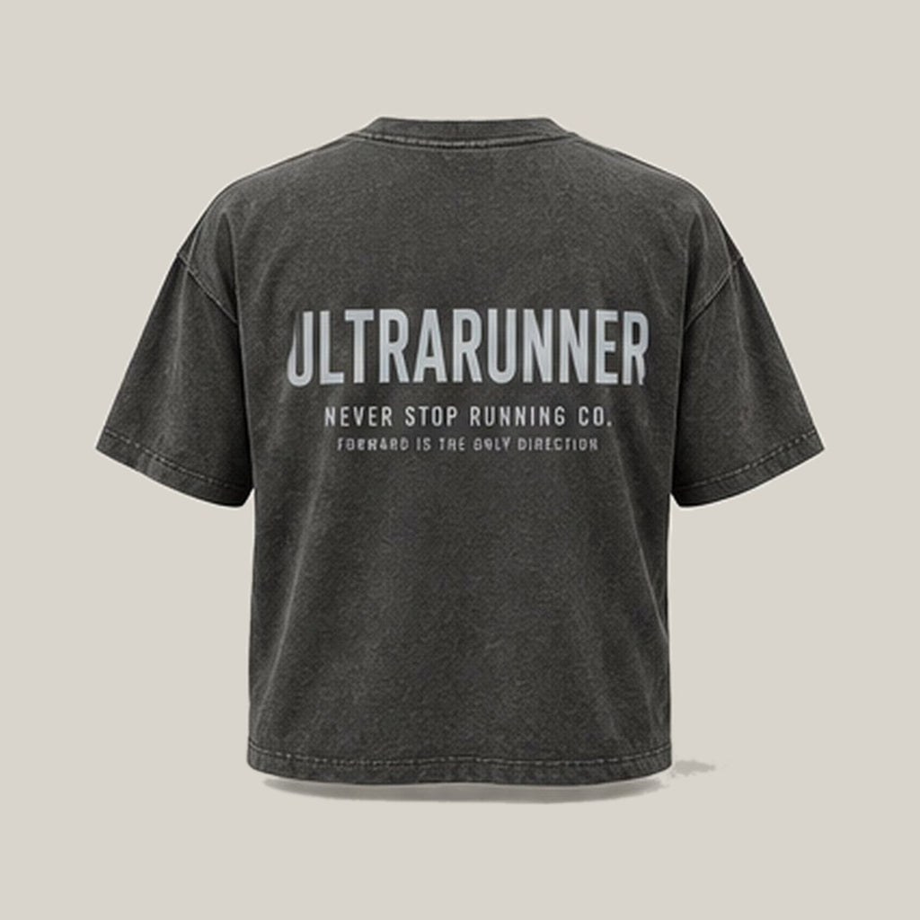 Ultrarunner Type-led Tee, back print in silver-grey on Washed Charcoal · grey