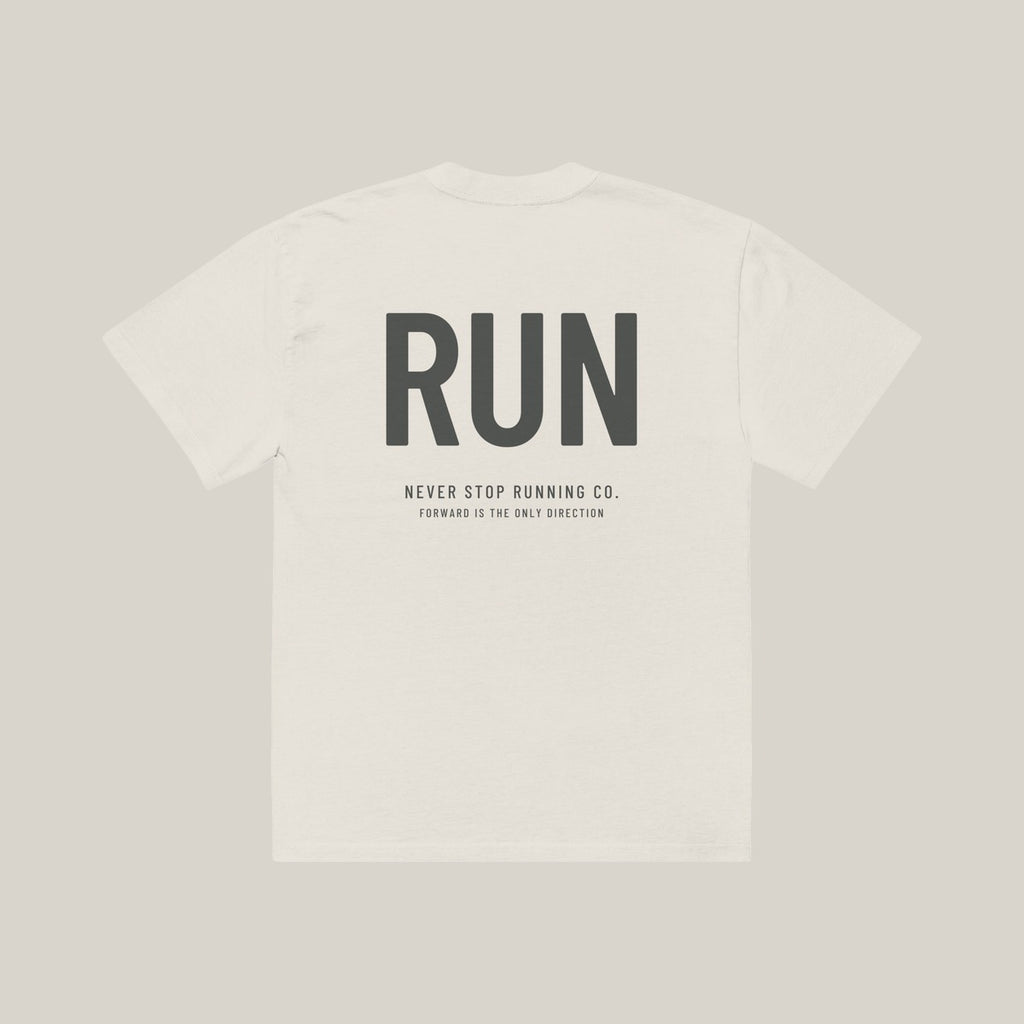 Vertical Run Casual Tee, back print in Charcoal on Faded Bone · grey