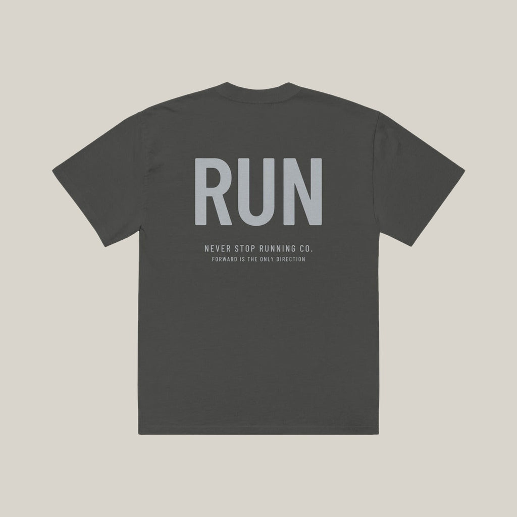 Vertical Run Casual Tee, Washed Charcoal, back print in silver-grey, tile