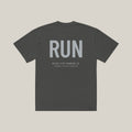 Vertical Run Casual Tee, Washed Charcoal, back print in silver-grey, tile