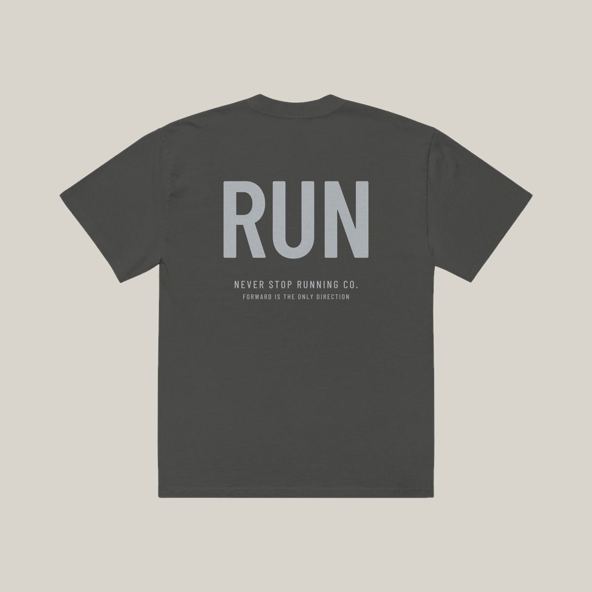 Vertical Run Casual Tee, Washed Charcoal, back print in silver-grey, tile