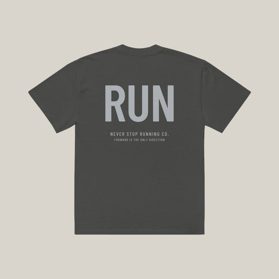 Vertical Run Casual Tee, Washed Charcoal, back print in silver-grey, tile