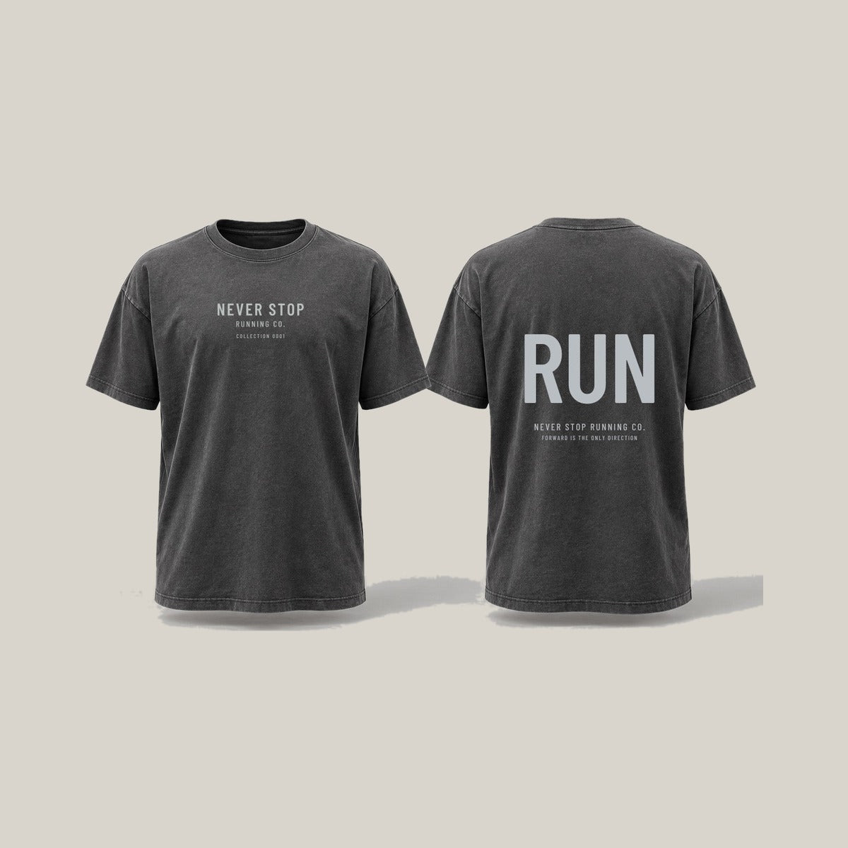 Vertical Run Casual Tee, front print in silver-grey on Washed Charcoal · grey