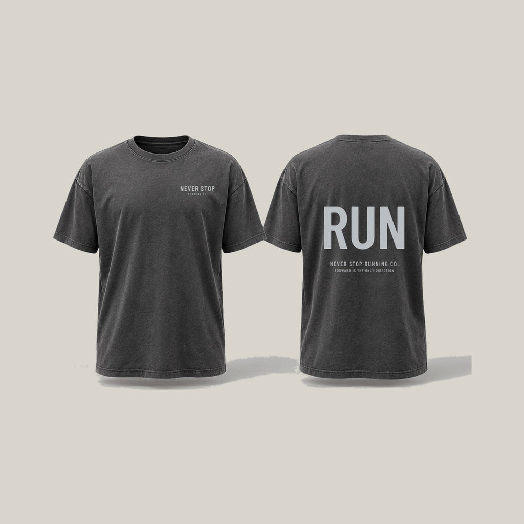 Vertical Run Casual Tee, front print in silver-grey on Washed Charcoal · grey