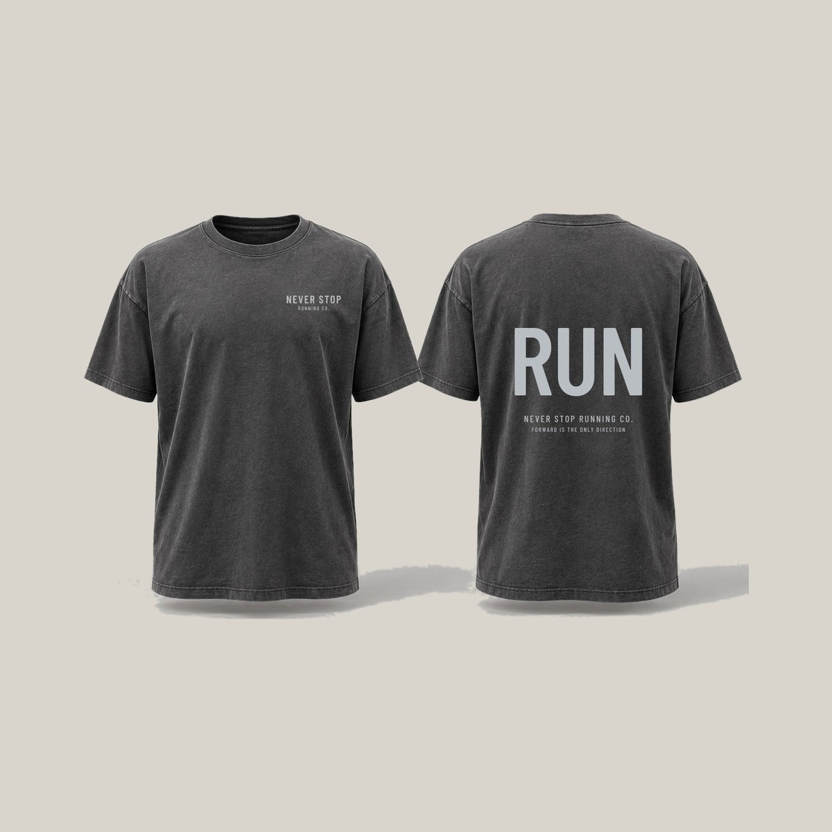 Vertical Run Casual Tee, front print in silver-grey on Washed Charcoal · grey