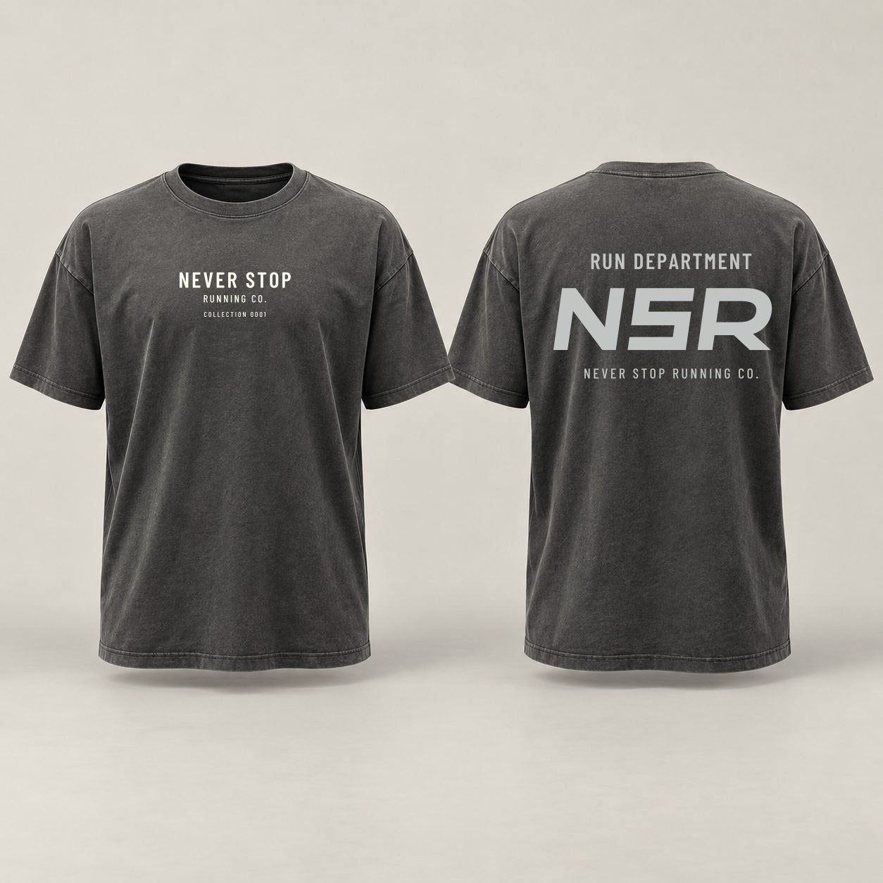 Run Department Casual Tee from Collection 0001 in Washed Charcoal, front and back